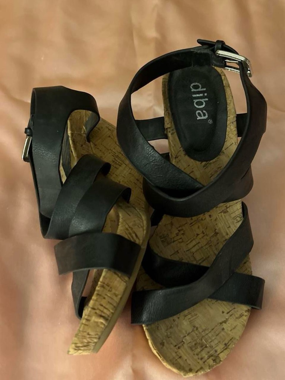 Diba Black Strappy Cork Wedge Sandals